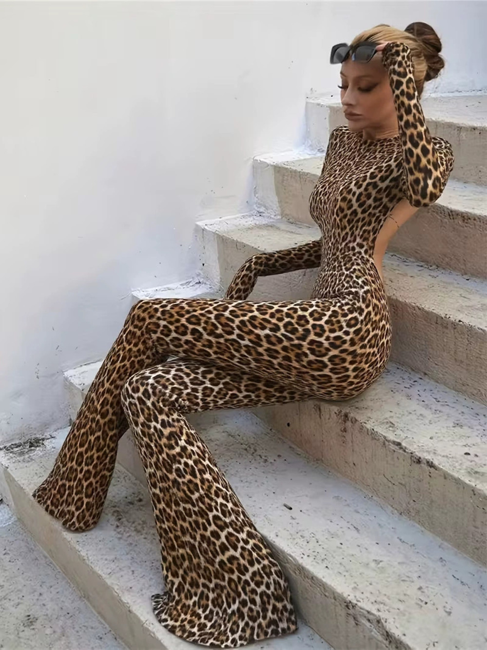 ZARA Women Leopard Print Slim Fit Long Sleeve Backless Jumpsuit